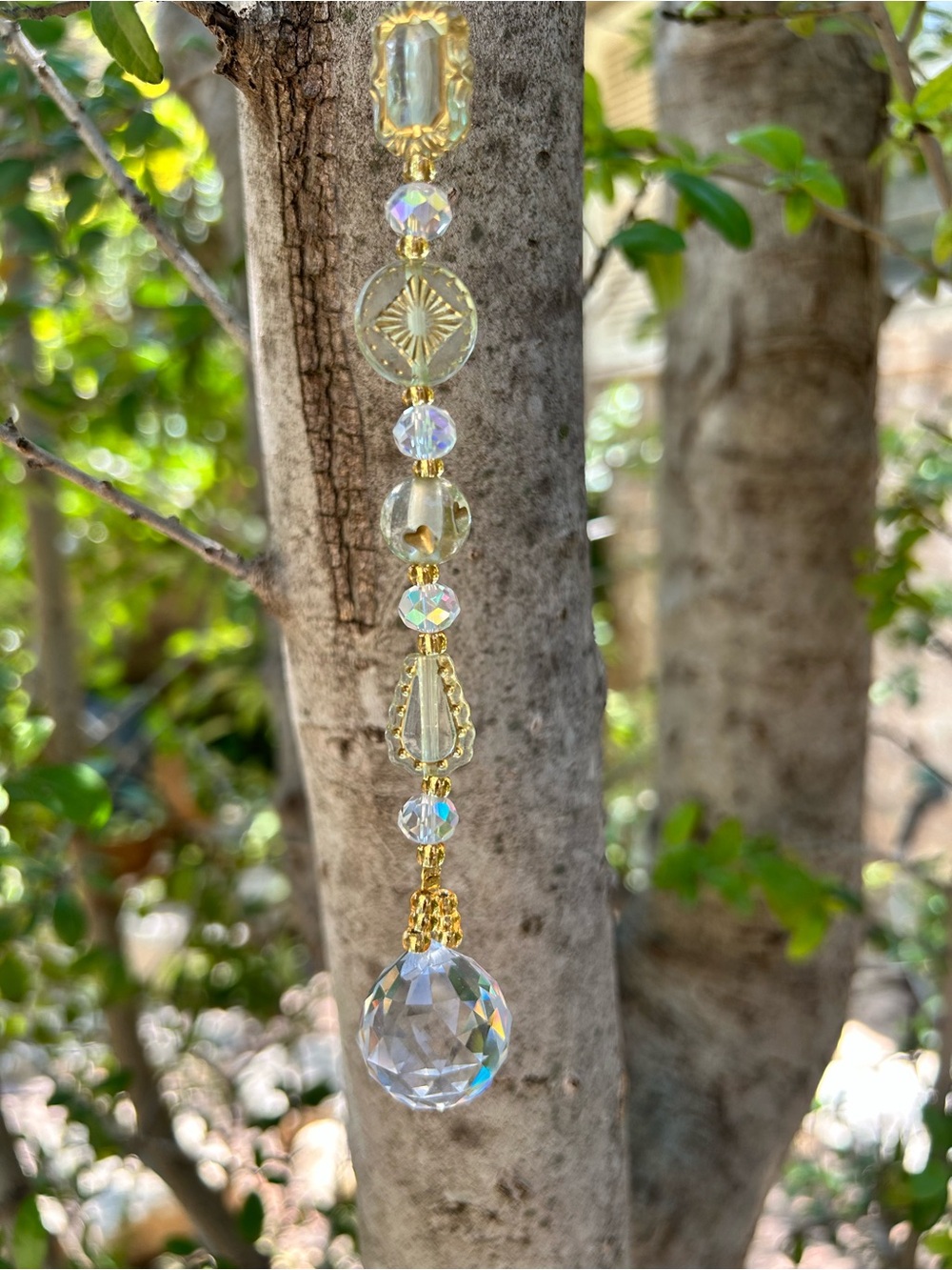 12” light sage green crystal beaded suncatcher sun charm decor